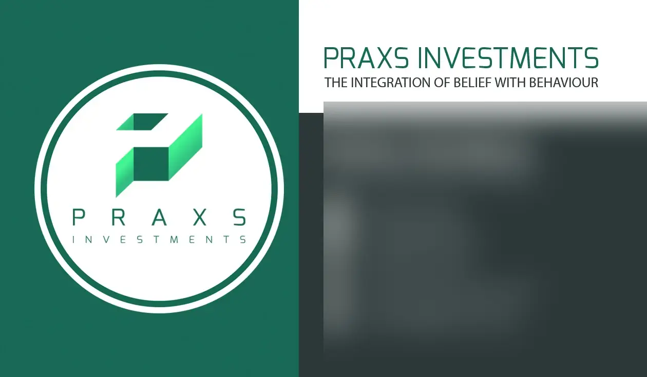 PRAXS Investments business card with logo; personal contact details blurred