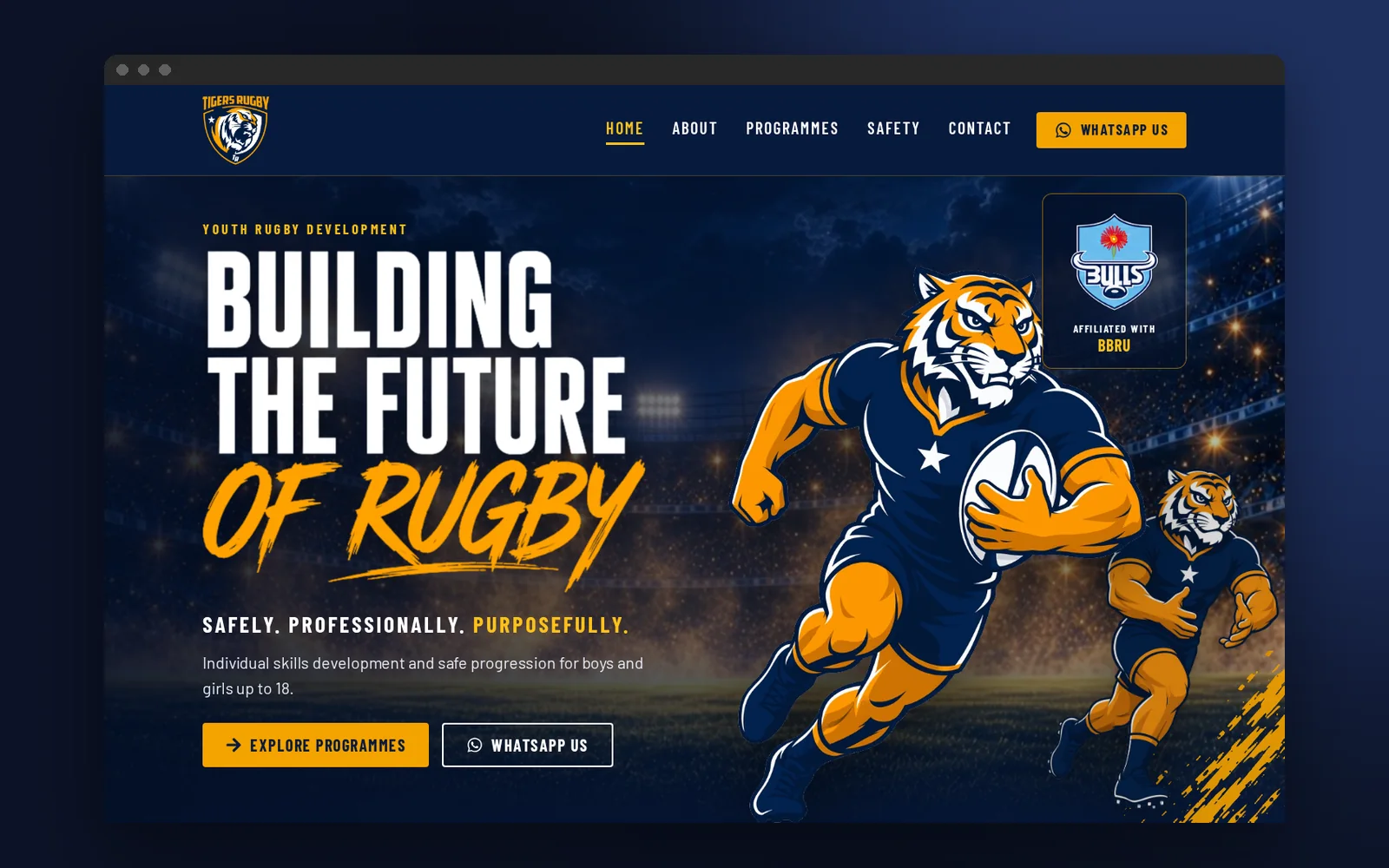 Tigers Rugby website homepage, desktop