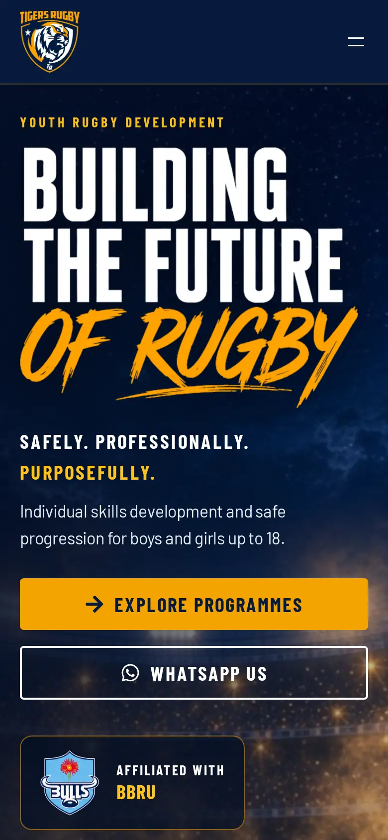 Tigers Rugby website on a phone, view 1